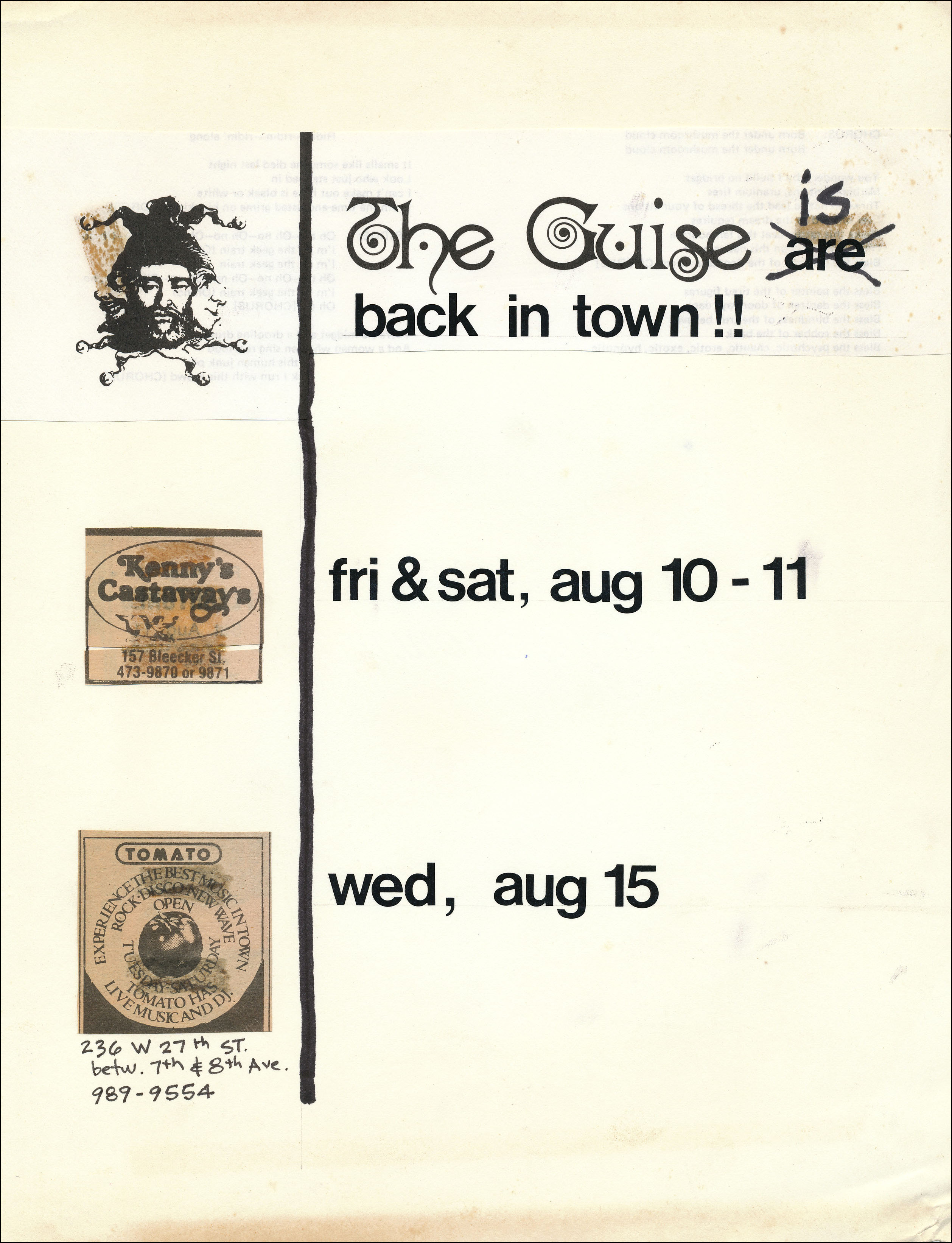 Guise postcard for Kenny's Castaways (08-10-1979 performance) and Tomato (08-15-1979 performance).