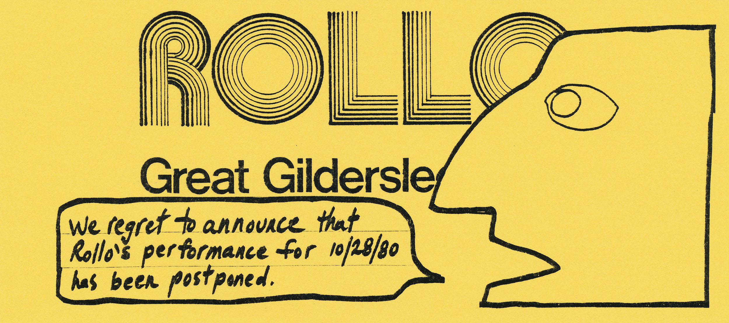 Rollo postcard with cancelation notice for Great Gildersleeves for 10-28-1980 performance.