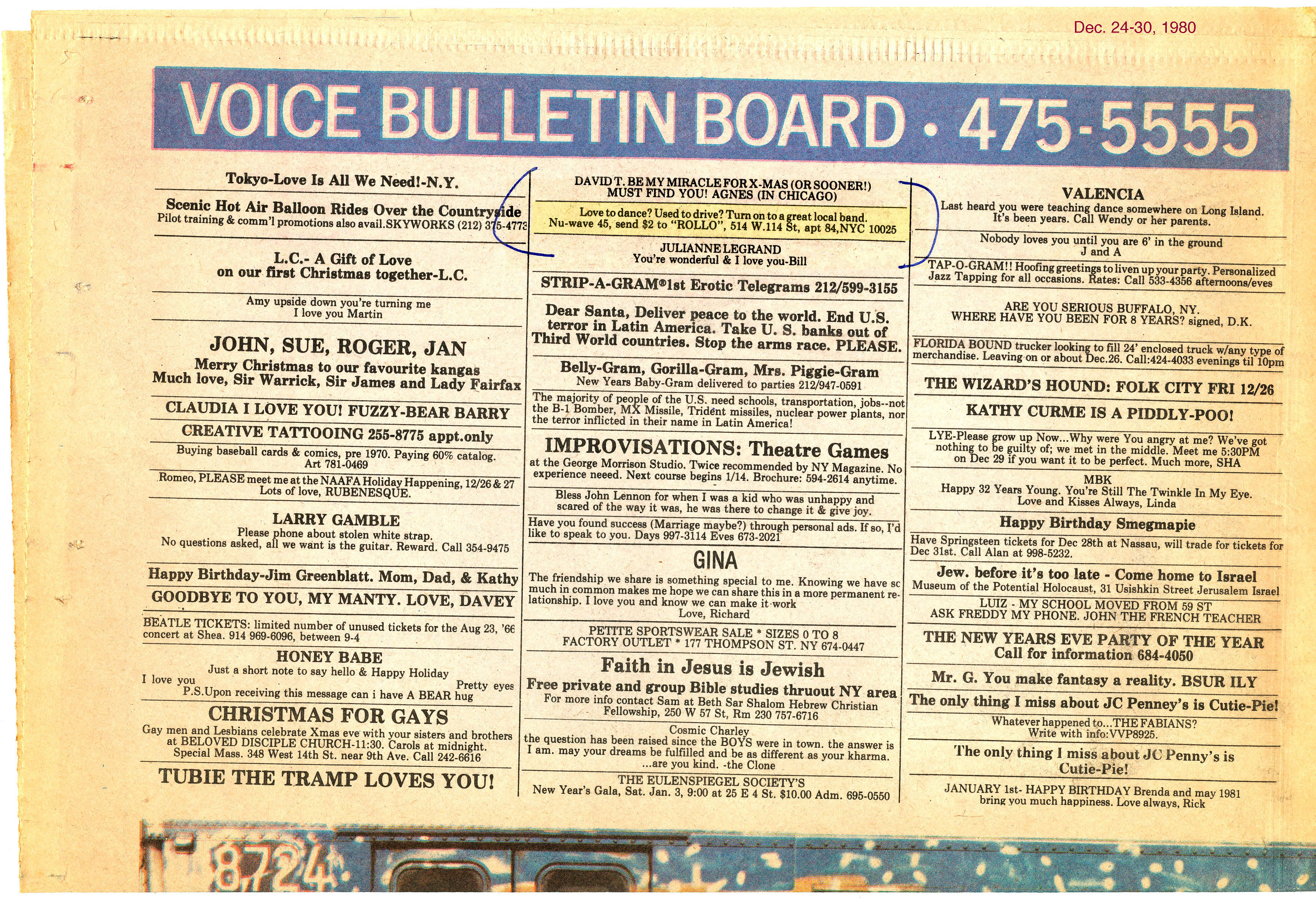 Rollo ad for Heyday of the Automobile/After the Dance 45 record in Village Voice 12-24-1980