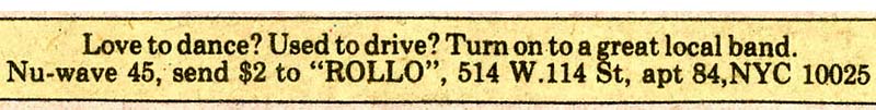 Rollo ad for Heyday of the Automobile/After the Dance 45 record in Village Voice 12-24-1980 - detail