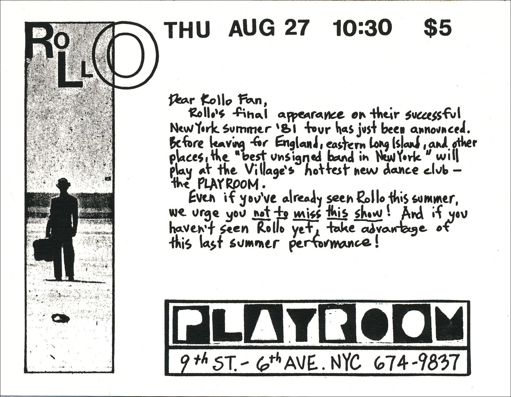 Rollo postcard for Playroom for 08-27-1981 performance.