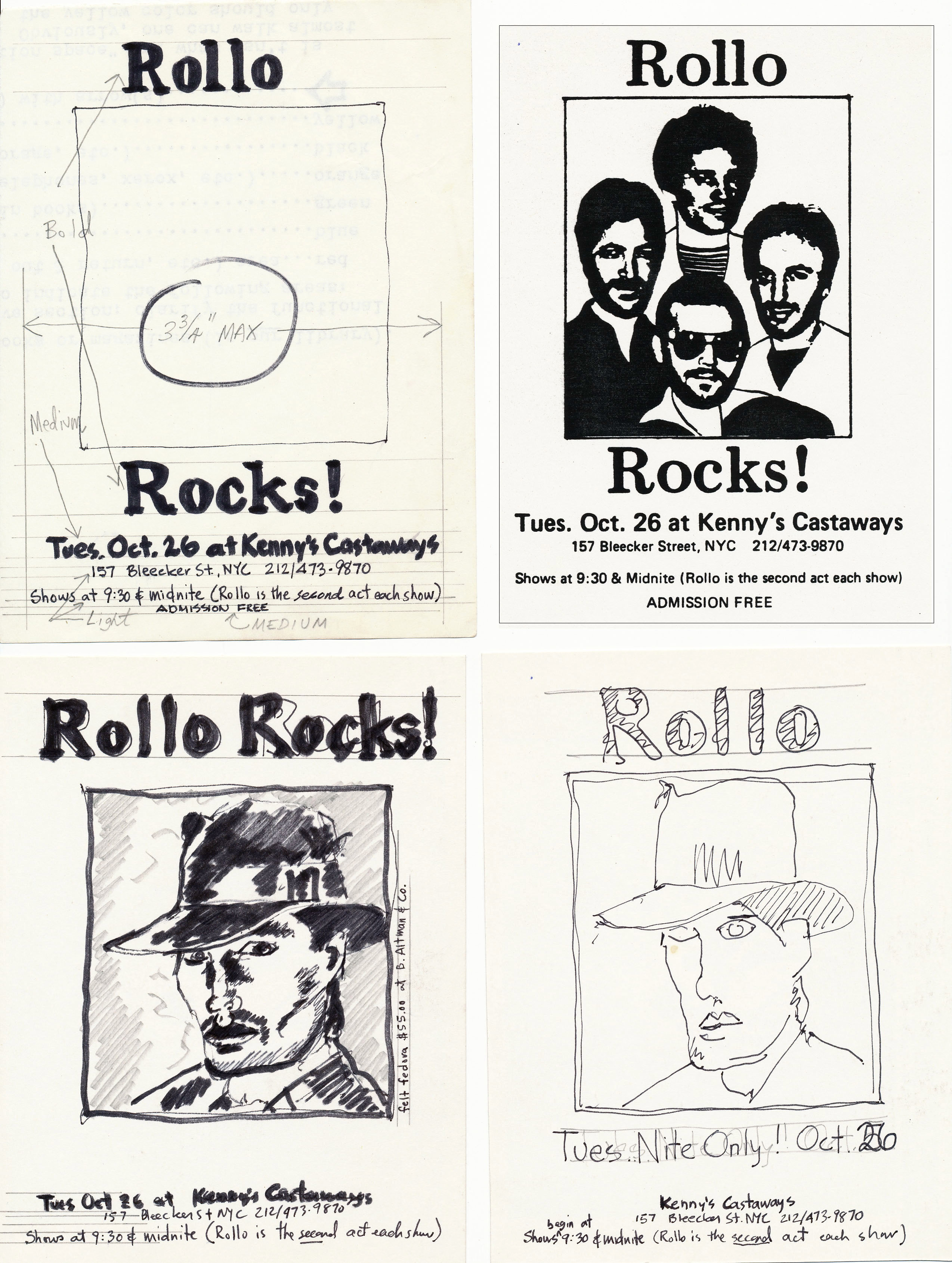 Rollo postcard and draft versions for Kenny's Castaways for 10-26-1982 performance