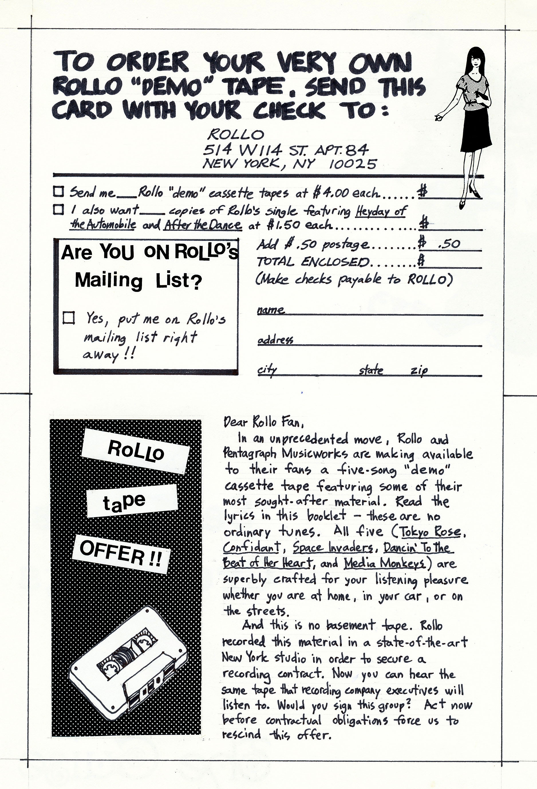 Rollo postcard for demo tape and Heyday record (undated)