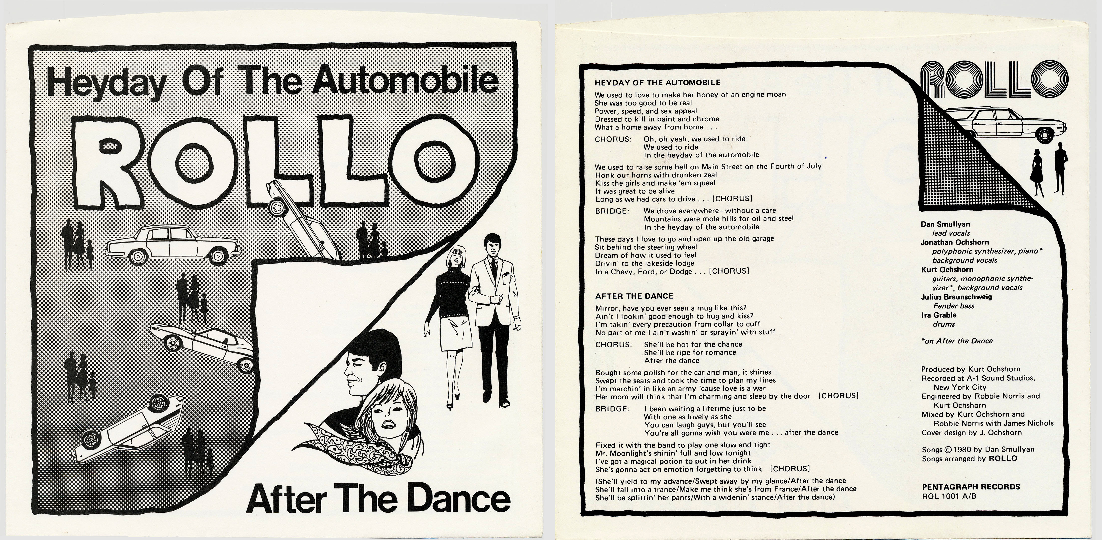 Rollo record sleeve for 45-rpm record: Heyday of the Automobile and After the Dance. Copyright 1980 (undated)